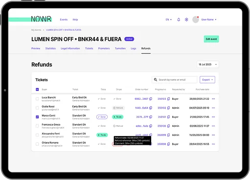 A tablet displays a ticket refund management dashboard for an event. The screen shows a table listing ticket holders, ticket types, status, refund amounts, and admin notes, with search and export options at the top right.