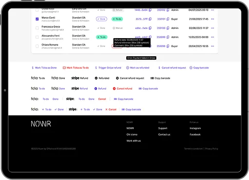 A tablet screen displays an admin dashboard with a list of user transactions, including names, status, dates, and roles. Below, there are buttons for various actions like Refund, Copy barcode, and Stripe refund. The NOONR logo and footer links are at the bottom.