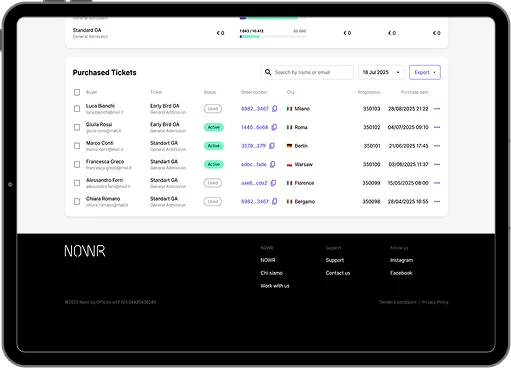 A tablet screen displays a ticket management page showing a list of purchased tickets with buyer names, ticket types, status, order numbers, cities, issue dates, and event dates. The interface also includes filter options, export button, and a navigation menu at the bottom.
