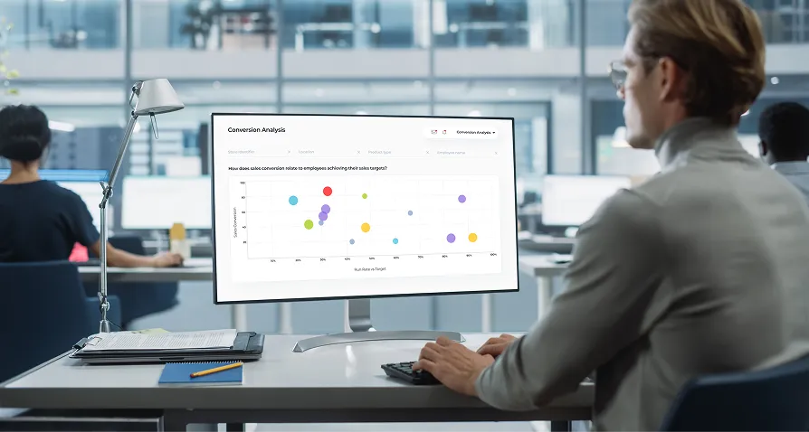 A man in an office sits at a desk, viewing a computer monitor displaying a colorful scatter plot graph titled Conversion Analysis. The workspace is modern, with large windows and other people working in the background.