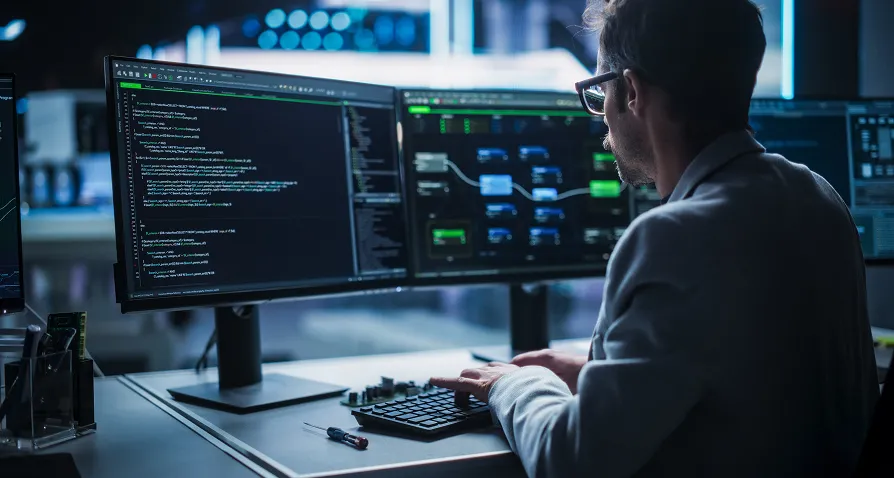 A person in glasses types on a keyboard at a desk with three large computer monitors displaying code, data, and network diagrams in a dark, modern office with blue lighting, suggesting cybersecurity or software development work.