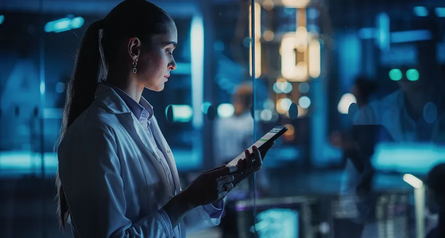 A woman in a white lab coat stands in a dimly lit, modern laboratory, looking at a tablet. She has dark hair in a ponytail and wears earrings. Blue-toned lights and blurred scientific equipment are visible in the background.