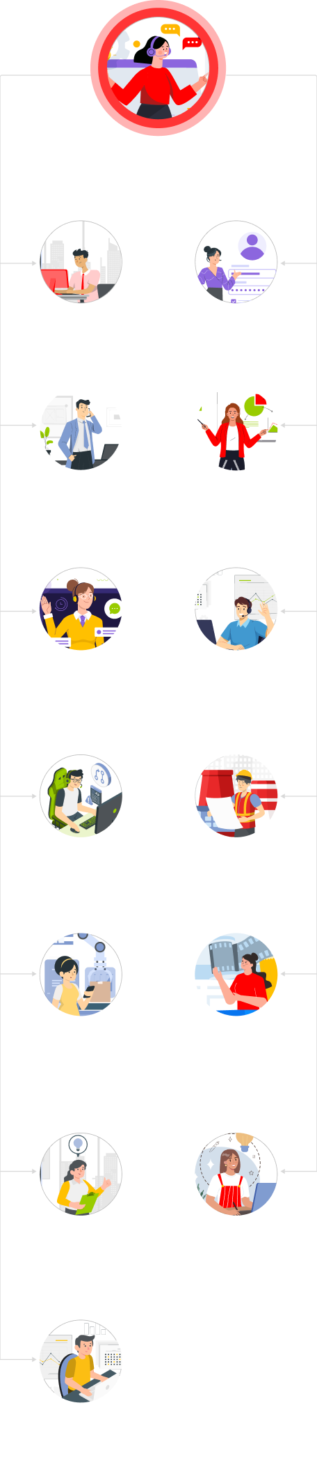 A top red circle with a crossed line overlays a woman holding many items, symbolizing multitasking. Below are icons of individual roles: project manager, recruiter, researcher, marketer, client manager, and accountant, each illustrated by a separate person at work.