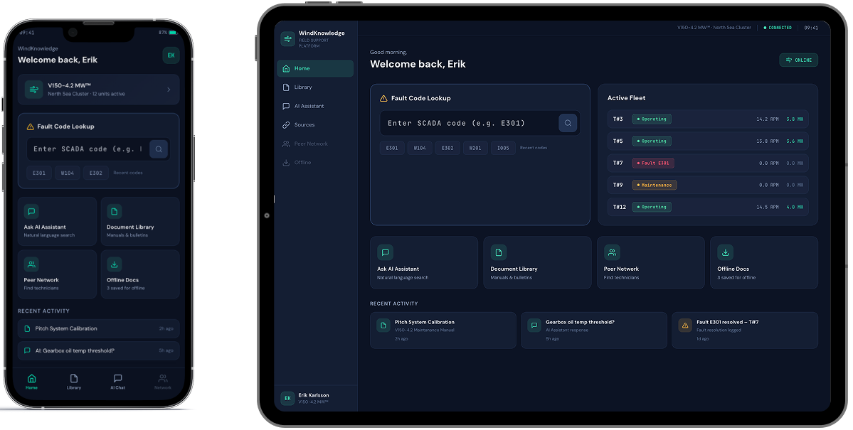 A smartphone and tablet display a dark-themed dashboard interface. Both screens show a welcome message, a fault code lookup bar, system status cards, and recent activity modules, with similar layout but resized for each device.