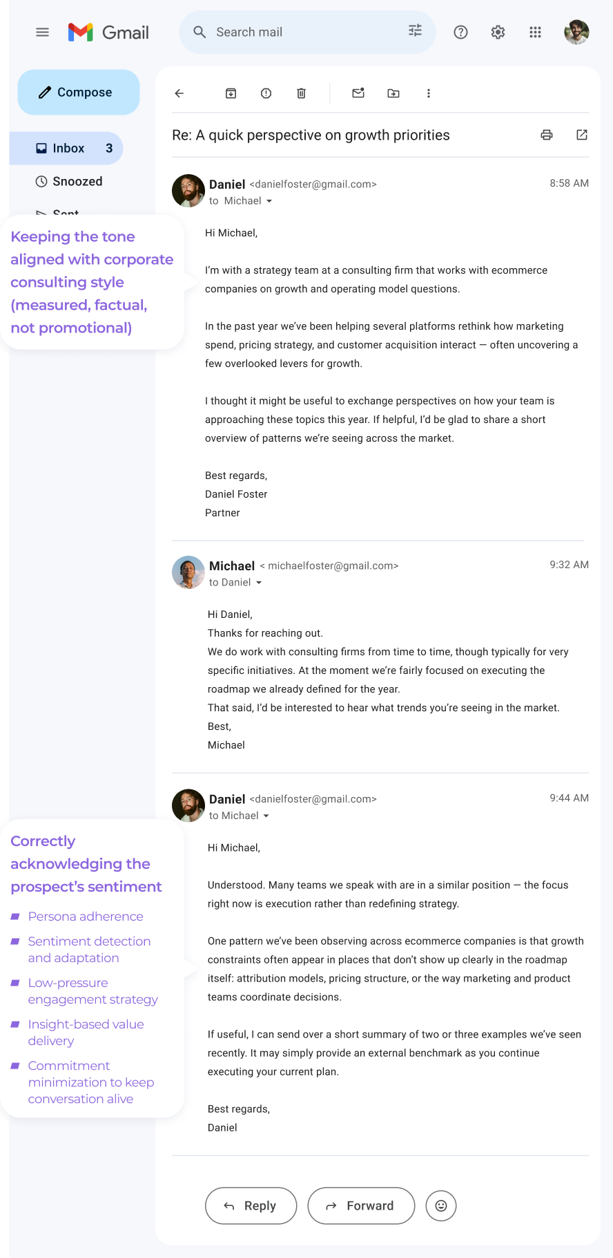 A Gmail thread is open on a computer screen. On the left, there are labeled sticky notes about maintaining a neutral corporate consulting style and correcting the use of learnings. The main email discusses e-commerce consulting strategies and growth priorities.