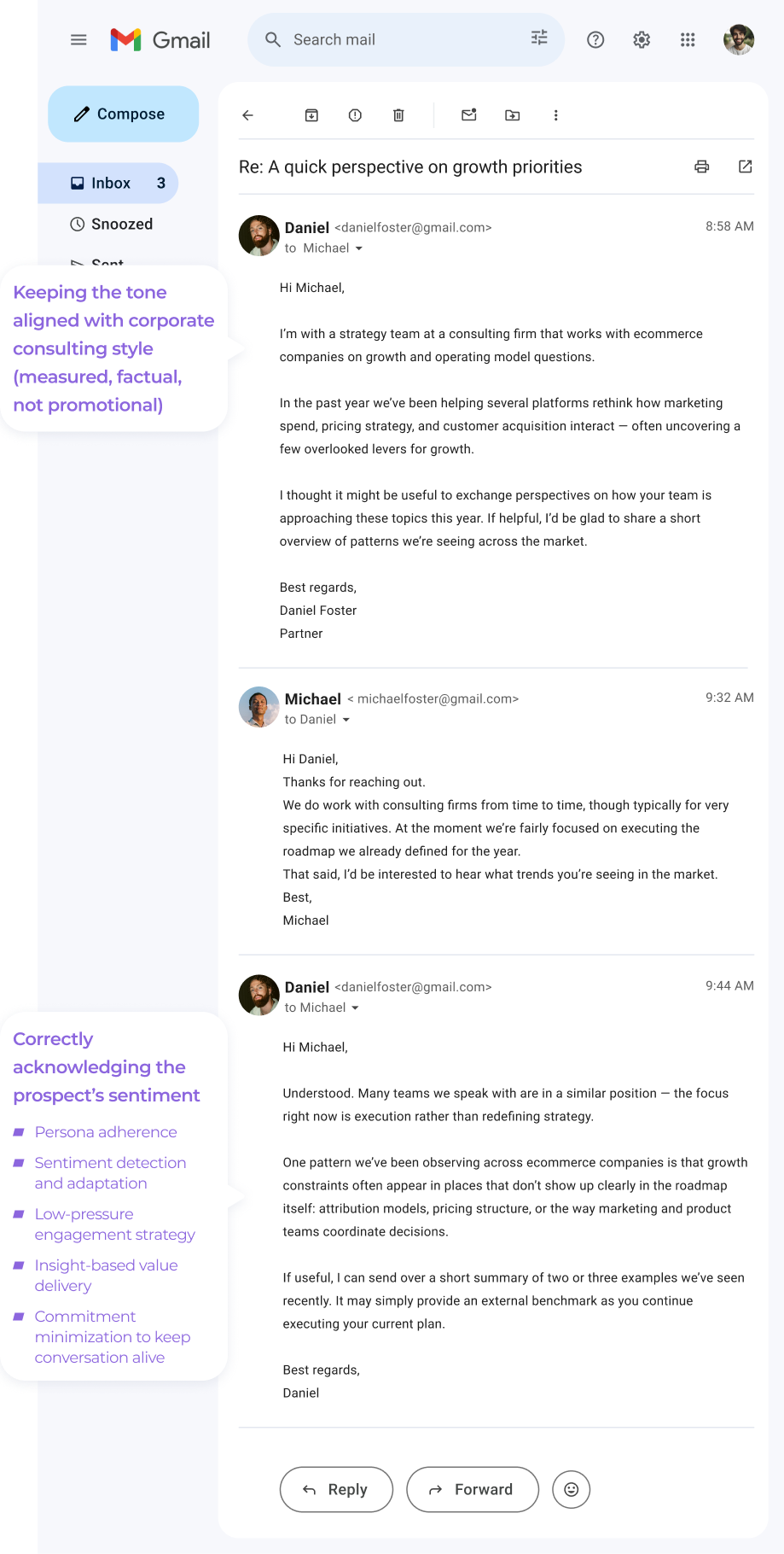 A Gmail thread between Daniel, a consulting firm partner, and Michael, discussing growth priorities. The left sidebar shows Gmail folders, with Inbox selected. Purple and orange annotations highlight email content as aligned with consulting style and correctly expressing interest.