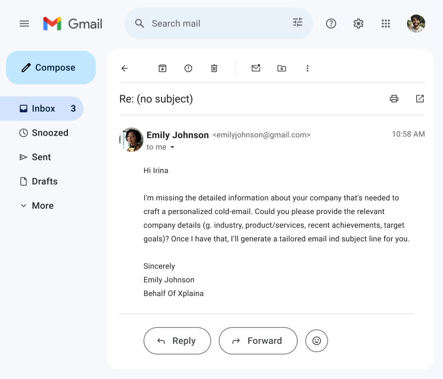 A Gmail inbox is open on a desktop screen. An email from Emily Johnson to Irina is displayed, requesting detailed company information to craft a personalized cold email. Options to Reply, Forward, and More are visible below the email message.