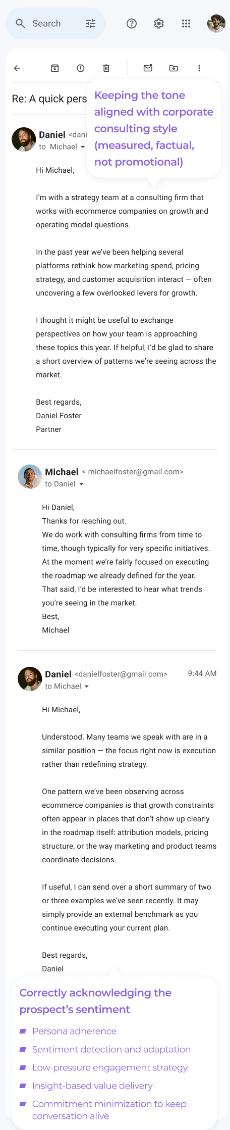 Screenshot of an email thread between Daniel and Michael. Daniel discusses consulting tone, sharing examples and a summary. Michael thanks him. At the bottom, theres a purple-highlighted box listing tips for acknowledgment: empathy, validation, tailored advice, and value delivery.