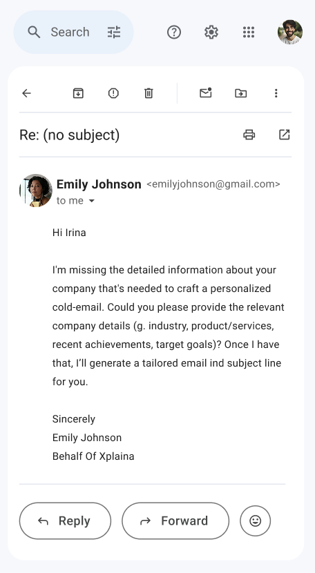 Screenshot of an email from Emily Johnson to Irina, requesting company details like industry, products, achievements, and goals, to craft a personalized cold-email. The email is polite, with options to reply or forward beneath the message.