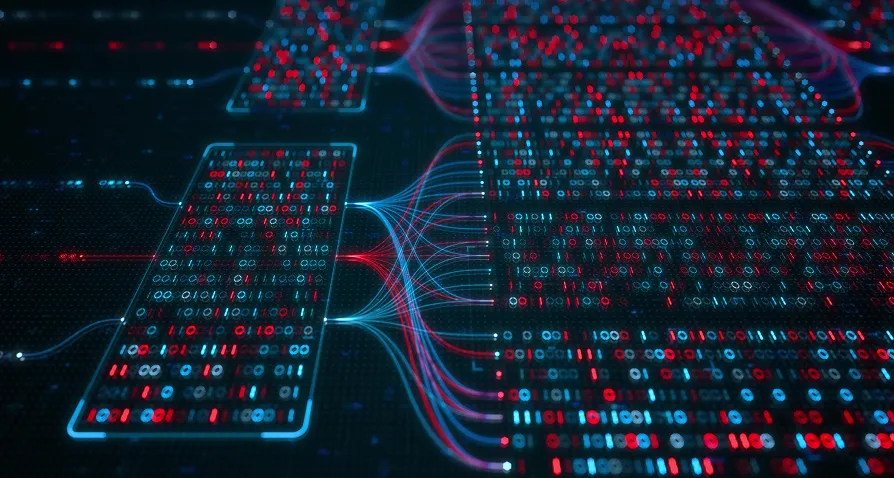 A digital visualization shows interconnected blocks with red and blue binary code (0s and 1s), linked by glowing lines on a dark background, representing data flow, computer networks, or artificial intelligence processing.