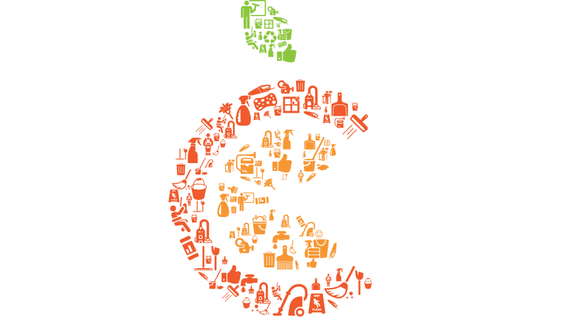 An apple shape made of small icons related to health, fitness, food, and medical supplies. The icons are colored green on the leaf, fading to orange and red toward the base, all on a white background.