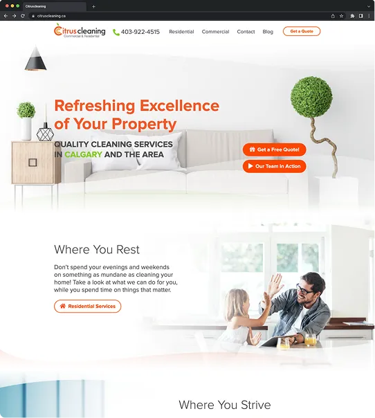 A modern cleaning service website features a bright living room, two orange call-to-action buttons, and a banner image of a father and daughter smiling at a table, promoting residential cleaning in Calgary. Logo and contact info appear at the top.