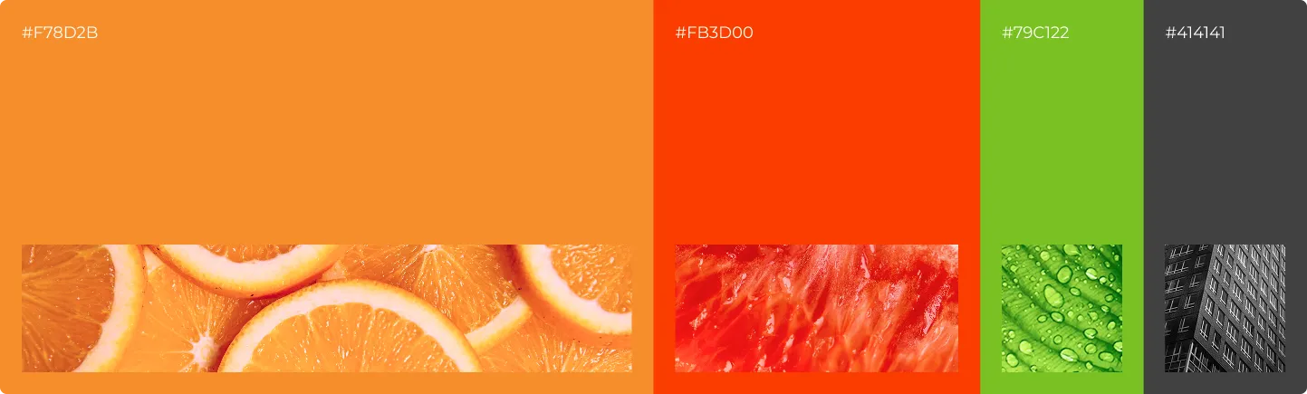 Four color swatches: orange with orange slices (#F7B02B), bright orange with grapefruit flesh (#FB3D00), vivid green with cucumber close-up (#79C122), and dark gray with a building facade (#414141). Each color shows a matching photo.