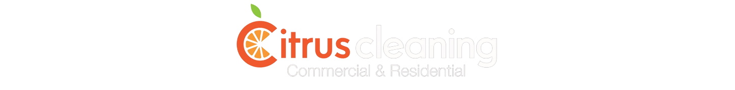 Logo for Citrus Cleaning features an orange slice inside a letter C with a green leaf. “Commercial & Residential” is written below in smaller, light orange and gray letters. The word “cleaning” is in light gray. The background is white.