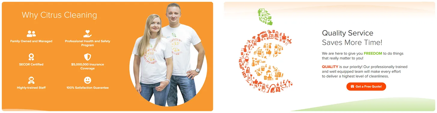 Two people in Citrus Cleaning t-shirts stand smiling on an orange background with business highlights. Right: Citrus Cleaning logo, Quality Service Saves More Time! text, and an orange “Get a Free Quote!” button on a white background.