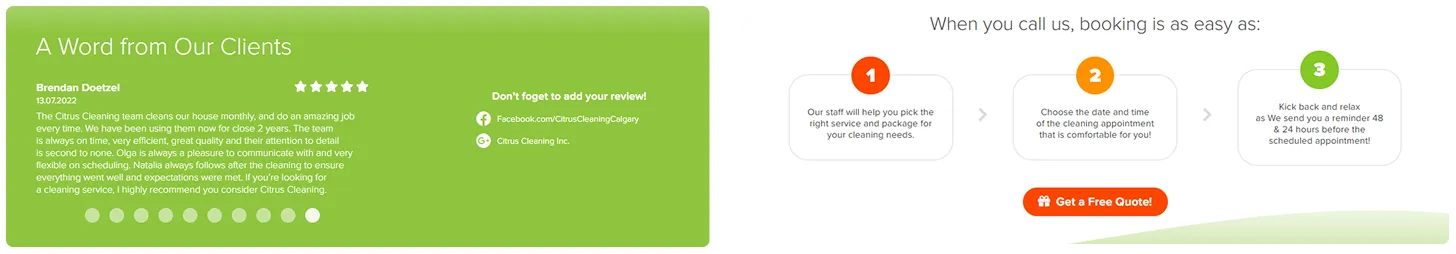A testimonial with a 5-star rating is shown on the left, praising a cleaning service. On the right, a 3-step booking guide is displayed with numbered icons and an orange Get a Free Quote! button. The design uses green and white backgrounds.